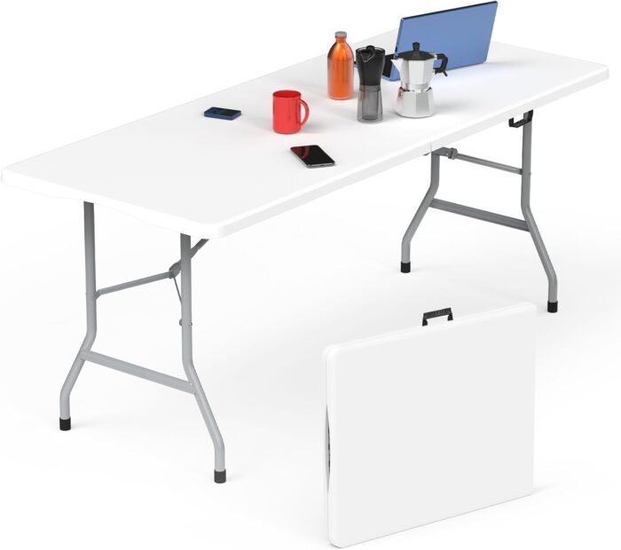 6ft Folding Table with Handle & Safety Locks - Portable Picnic & Camping Table, Indoor/Outdoor Dining & Work Table for Weddings & Parties Plastic Construction