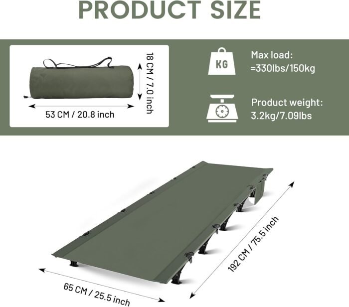 Ultralight Camping Cots for Adults, Portable Folding Bed, Tent Cot Lightweight Travel, Camping, Hiking, Backpacking, Mountaineering, Army Green - Image 2