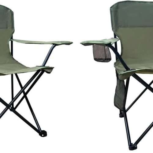 2PCS Folding Camping Collapsible Chairs Heavy Duty Lawn Chair with Cooler Bag, Storage Pocket, Waterproof Bag Outdoor Arm Chair, Supports 225LBS, Green