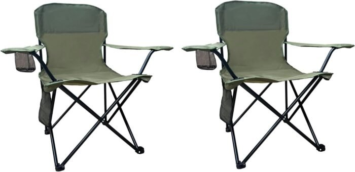 2PCS Folding Camping Collapsible Chairs Heavy Duty Lawn Chair with Cooler Bag, Storage Pocket, Waterproof Bag Outdoor Arm Chair, Supports 225LBS, Green