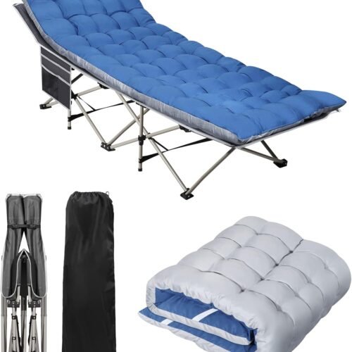 Portable Camping Cot with Mattress - Outdoor Folding Heavy Duty Sleeping Bed with Side Pocket for Adults - Oxford Single Lounge Chaise for Camping Tent Beach Office Max Load 300 LBS (Grey)