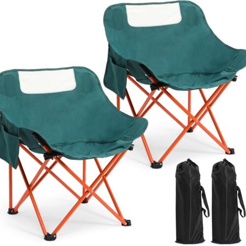 2 Pack Compact Camping Chairs Portable Folding for Outside with Carry Bag Lightweight Moon Chairs for Travel Picnic Hiking Beach Fishing, 600D Oxford, Supports 330lbs(Green)
