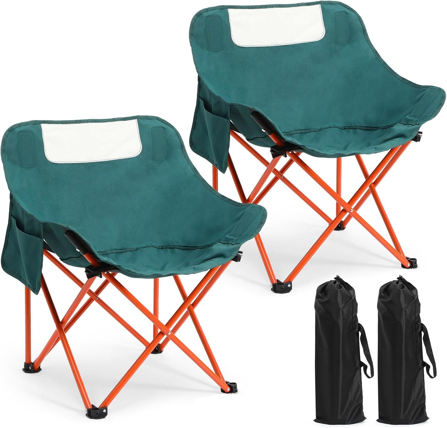 2 Pack Compact Camping Chairs Portable Folding for Outside with Carry Bag Lightweight Moon Chairs for Travel Picnic Hiking Beach Fishing, 600D Oxford, Supports 330lbs(Green)