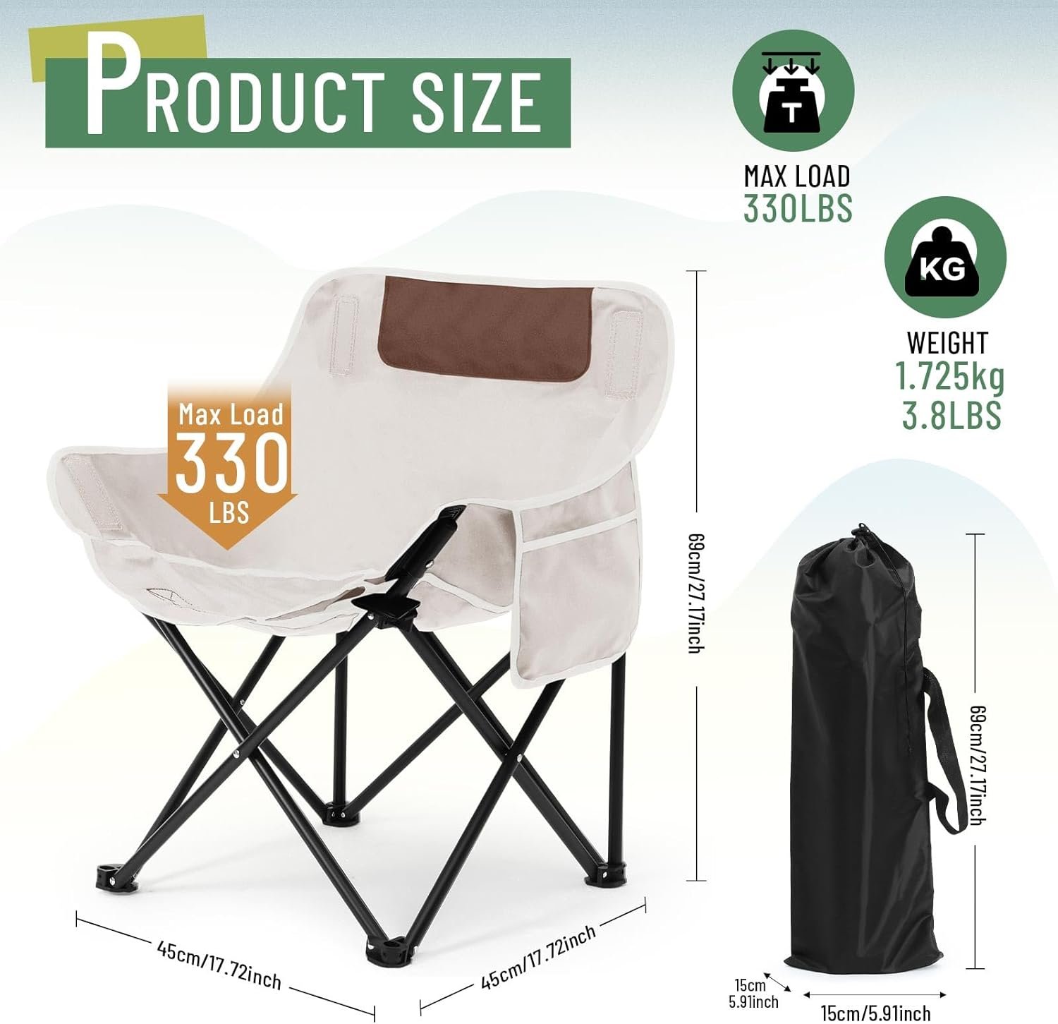 2 Pack Compact Camping Chairs Portable Folding for Outside with Carry Bag Lightweight Moon Chairs for Travel Picnic Hiking Beach Fishing, 600D Oxford, Supports 330lbs(White, Black) - Image 2