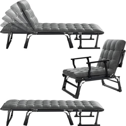 Folding Chaise Lounge Chair, Portable Camping Cot, 6-Position Reclining Chair, Heavy Duty Sleeping Cot with Thick Mattress Pad, Outdoor Bed for Patio Lawn Pool Beach, Grey