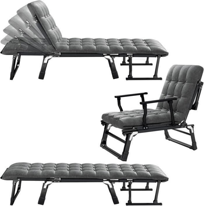 Folding Chaise Lounge Chair, Portable Camping Cot, 6-Position Reclining Chair, Heavy Duty Sleeping Cot with Thick Mattress Pad, Outdoor Bed for Patio Lawn Pool Beach, Grey