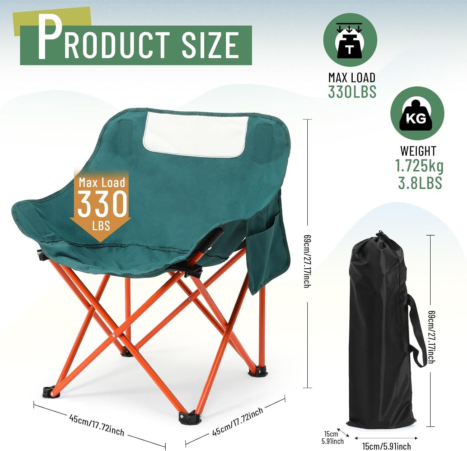 2 Pack Compact Camping Chairs Portable Folding for Outside with Carry Bag Lightweight Moon Chairs for Travel Picnic Hiking Beach Fishing, 600D Oxford, Supports 330lbs(Green) - Image 2