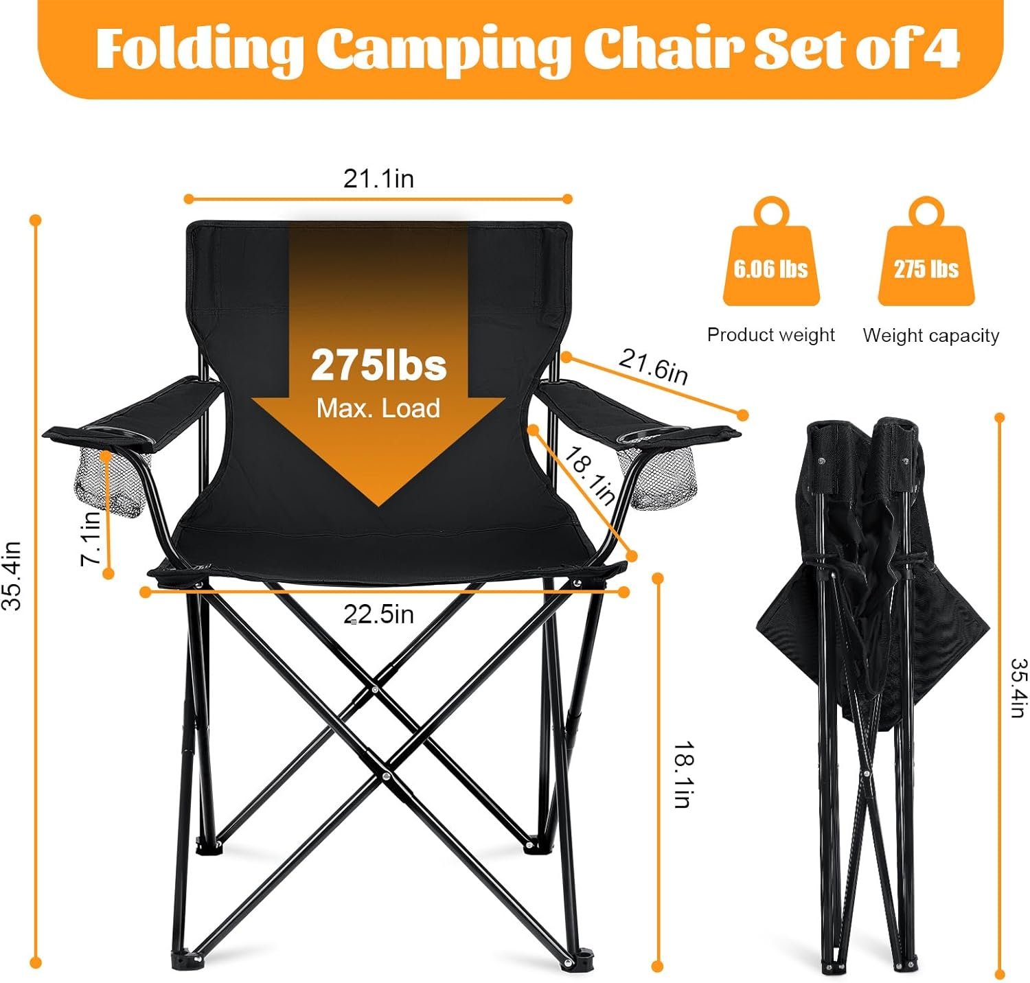 Camping Chairs 4 Pack, Oversized Folding Chair with Cup Holders for Adults, Portable Chair & Carry Bag for Outdoor Backyard, Beach, Lawn, Patio, Picnic, Fishing, Oxford Fabric & Heavy Duty - Image 2