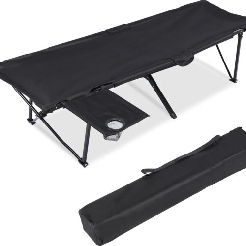 Folding Camping Cot with Table for Adults, Portable and Lightweight Sleeping Bed for Outdoor Traveling, Hiking, Easy to Set up, Black