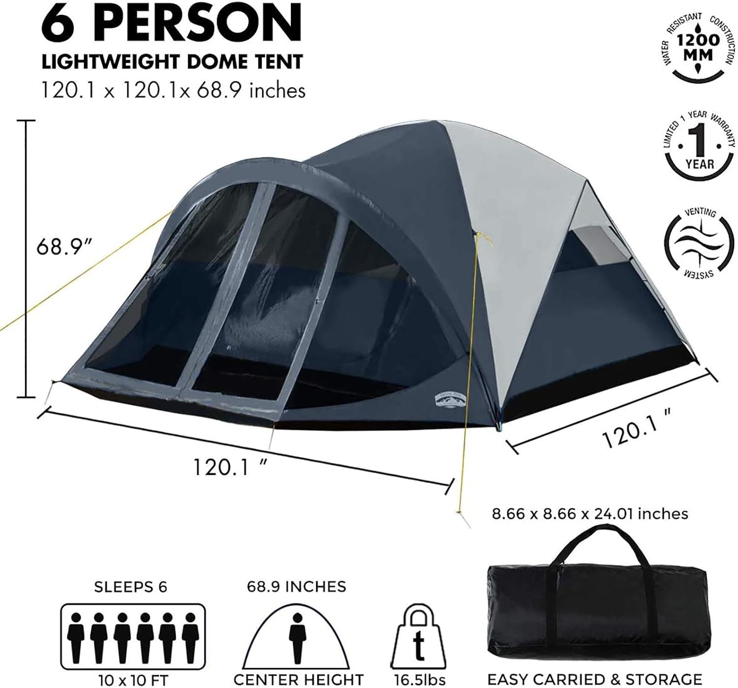 6 Person Dome Tent w/ Removable Rain Fly and Screen Room, Water Resistant - Navy/Gray - Image 2