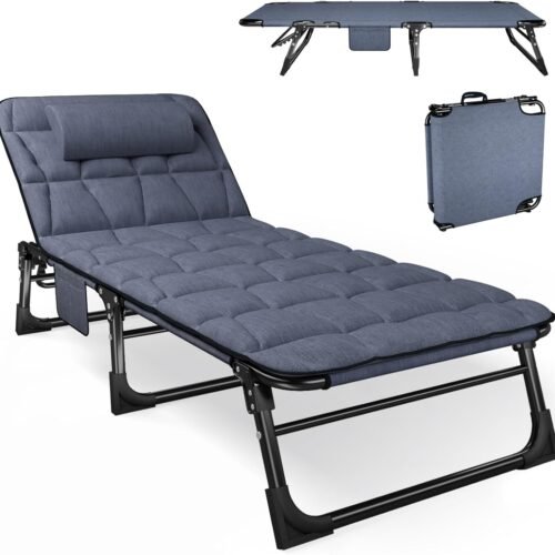 Folding Camping Cot for Adults with Padded Mattress and Pillow, Adjustable Reclining Lounger Sleeping Cot Bed, Ideal for Camping, Travel, Garden, or Office Use, Blue