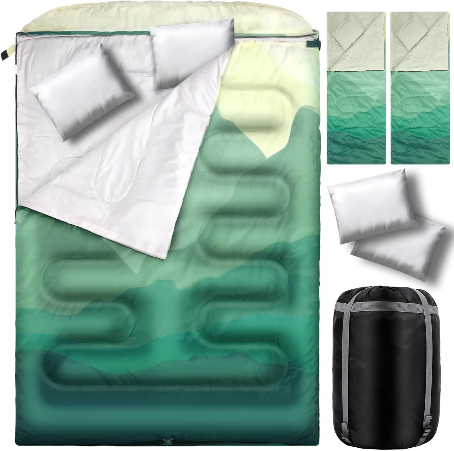 Double Sleeping Bag for Adults with Pillow Queen Size Waterproof Two Person Sleeping Bag for Outdoor Camping Hiking Backpacking All Season Cold Warm Weather