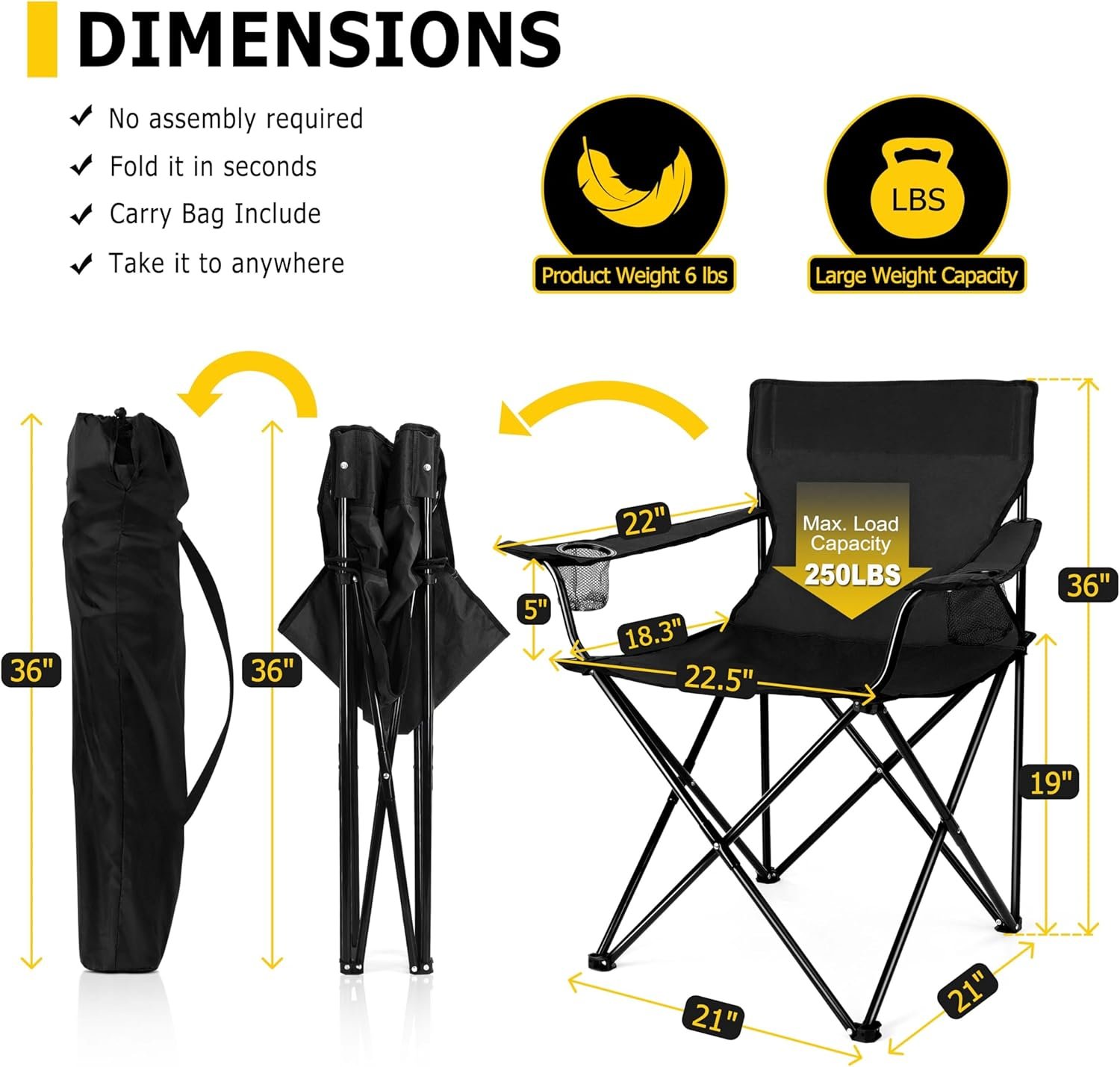 Portable Camping Chair, Outdoor Lawn Folding Chairs for Adults, Heavy Duty Large Foldable Chairs for Beach, Fishing, Tailgating Outdoor Sport, 2 Cup Holders & Carry Bag - Image 2