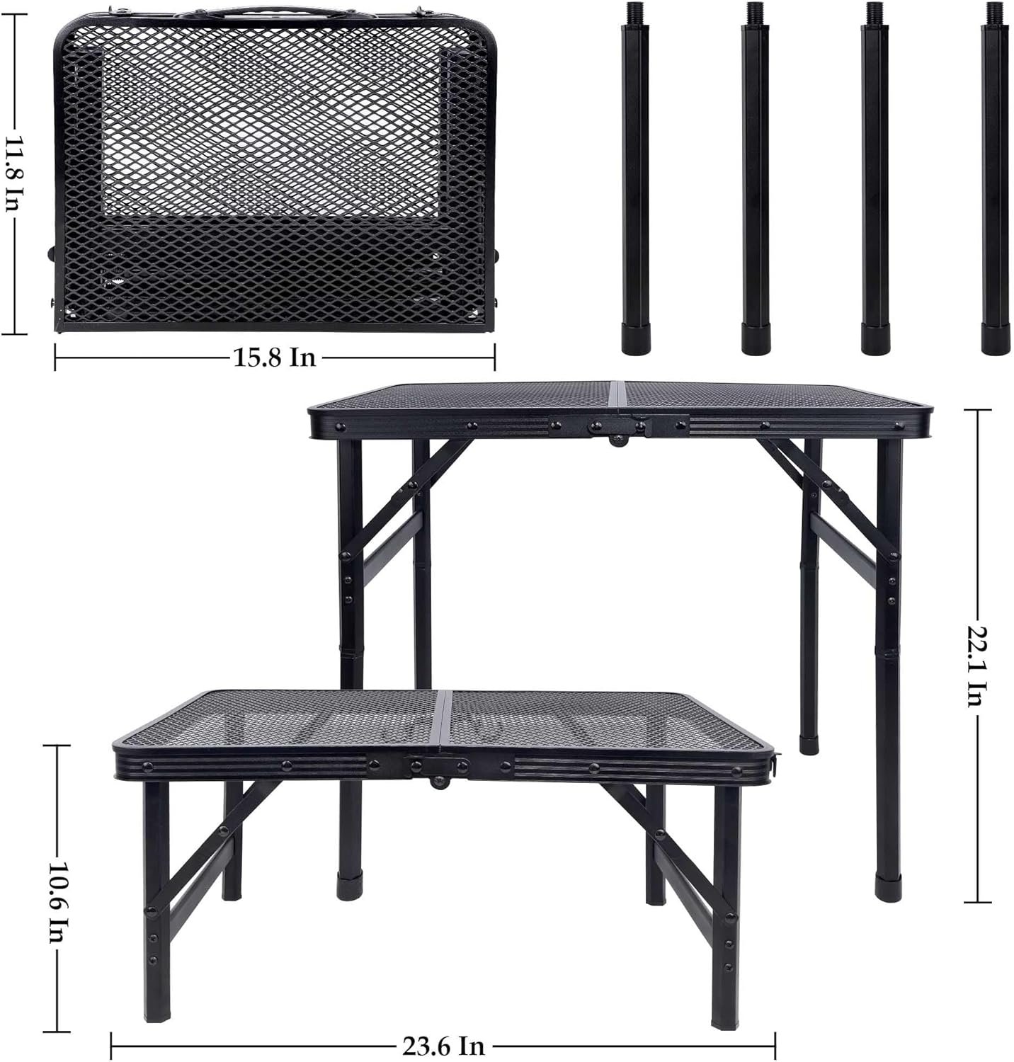 Small Folding Table, Camping Table with Mesh Desktop, Portable Picnic Table with Carry Handle, Height Adjustable Portable Grill Table for Outside Inside Use