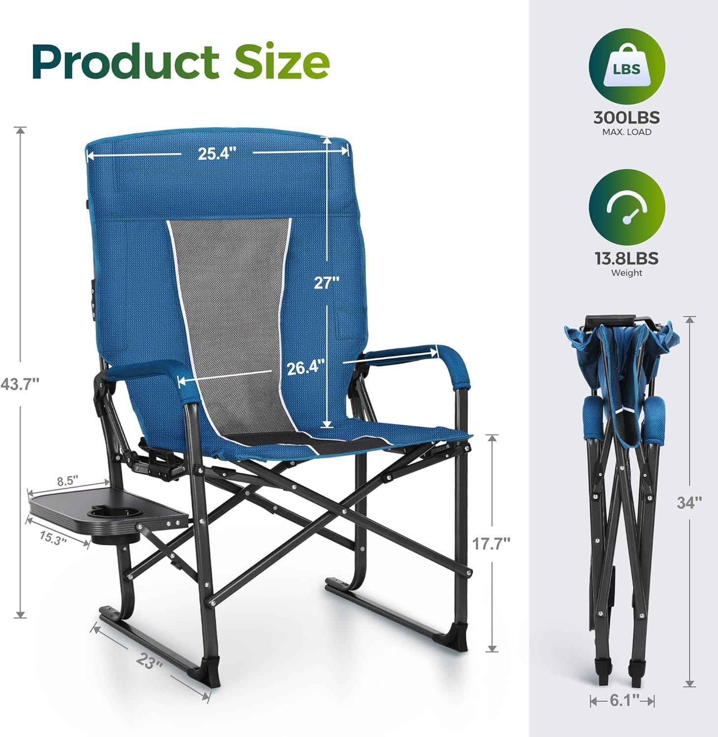 Oversized Folding Camping Chairs High Backrest Reclining Director Heavy Duty Lawn Chairs for Adults Support 300 LBS Fishing Chairs with Large Side Table Cup Holders for Outdoor Fishing - Image 2