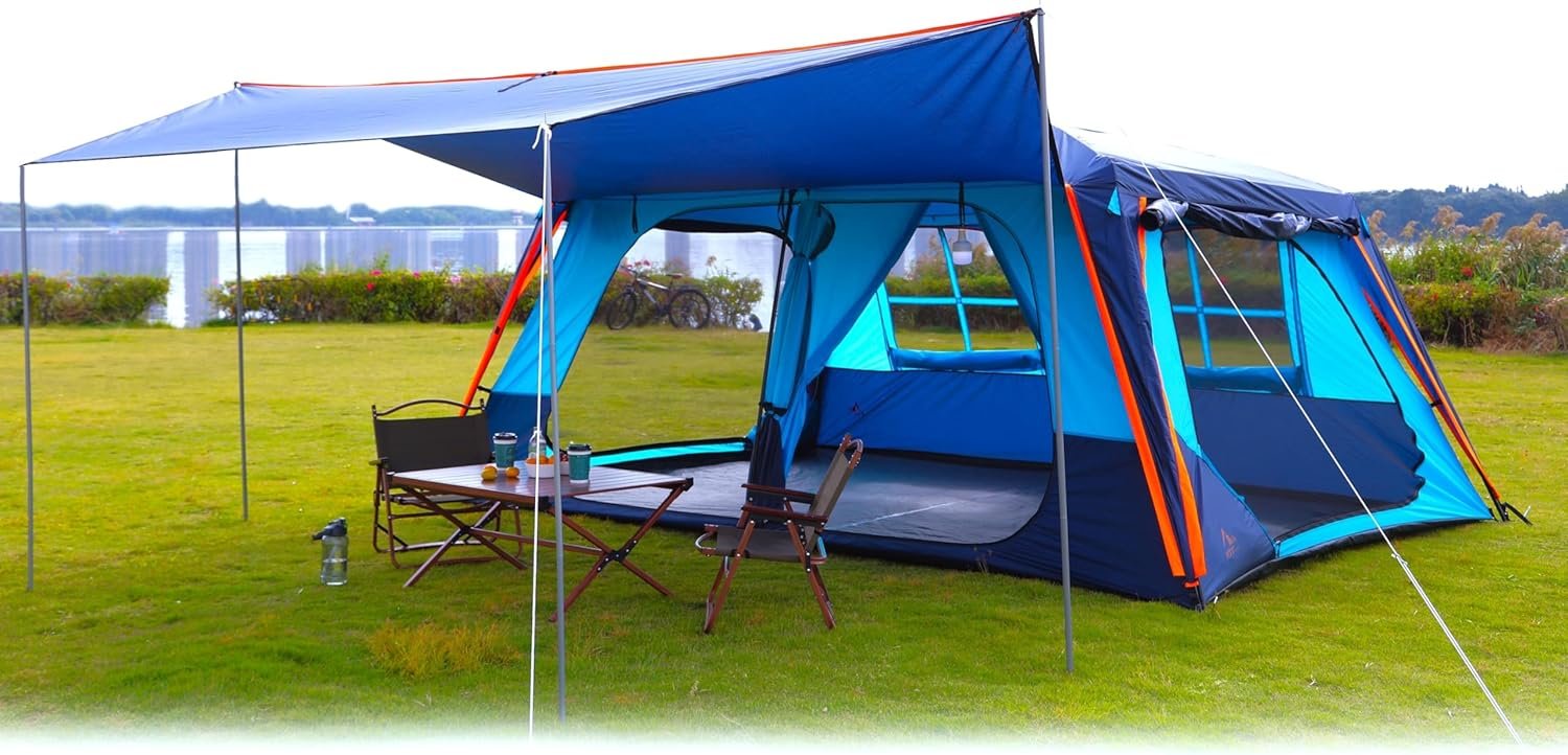 Extra Large Tent 12 Person,Awning Family Cabin Tents,2 Rooms,3 Doors and 3 Windows with Mesh,Straight Wall,Waterproof,Double Layer,Big Tent for Outdoor,Picnic,Camping,Family Gathering