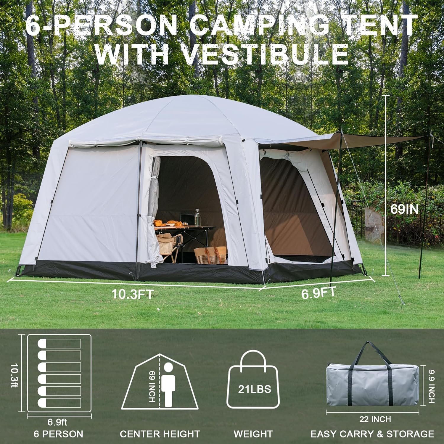 4-6 Person Camping Tent, Large Family Cabin Tents with Porch & Rainfly, Double Layer Waterproof Glamping Tent with 2 Rooms 2 Doors, Portable Big Tents for Outdoor Camping Hiking Party - Image 2