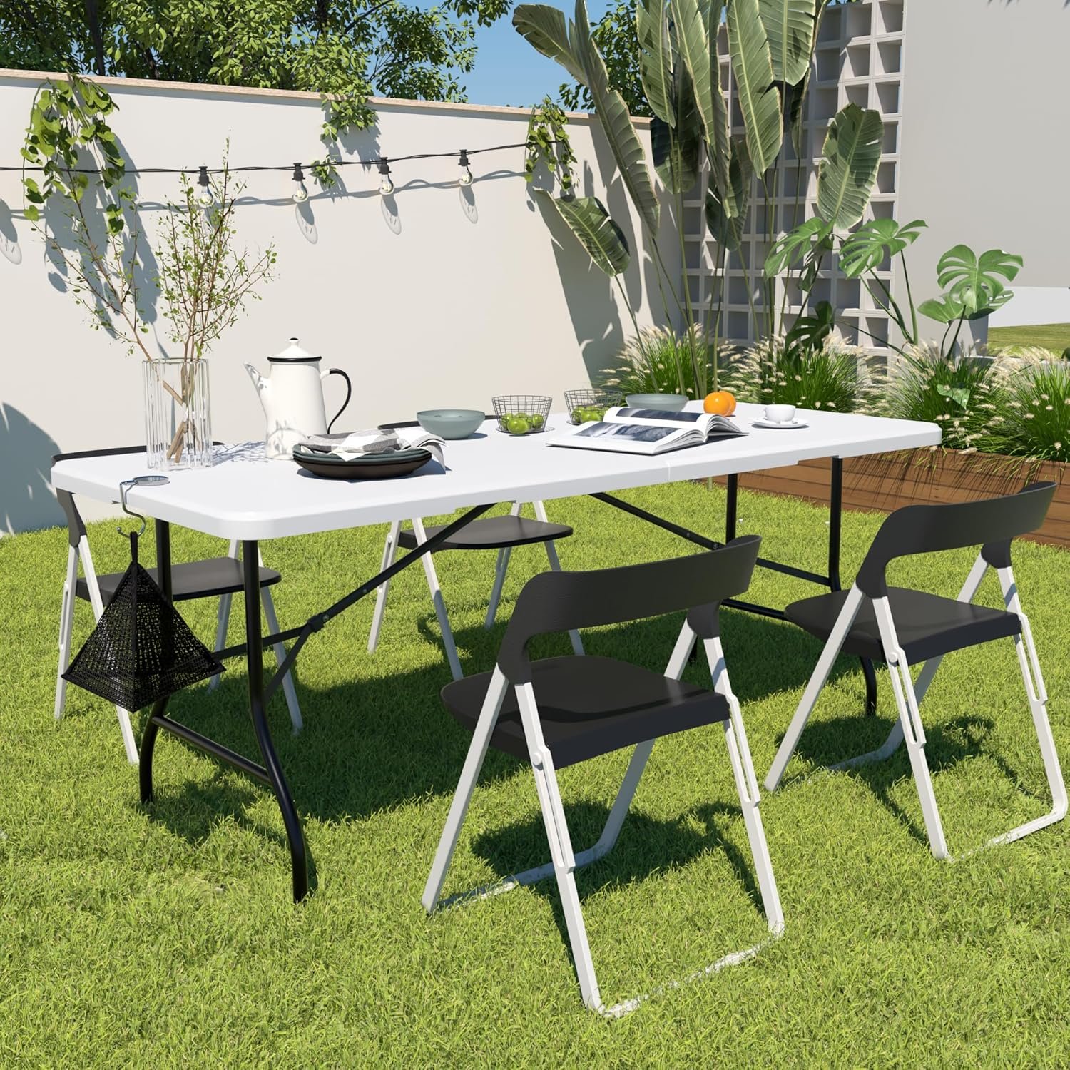 6Ft Folding Picnic Portable Table,with Mesh Bag Indoor Outdoor,Heavy Duty Foldable Plastic Camp Desk with Handle Legs for Dining Wedding&Party,White - Image 2